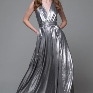 Silver A-Line V-Neck Long Formal Dress