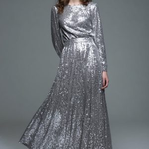 Silver A-Line Long Sleeve Formal Dress With Sequins