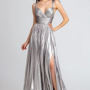Silver A-Line Pleated Long Formal Dress With Slit