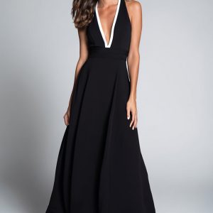 Simple A-Line V Neck Maxi Black Tie Dress