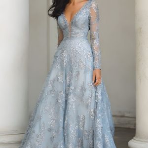 Silver A-Line V-Neck Long Sleeve Maxi Dress with Appliques