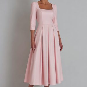 Simple Pink A-Line Square Neck Work Dress