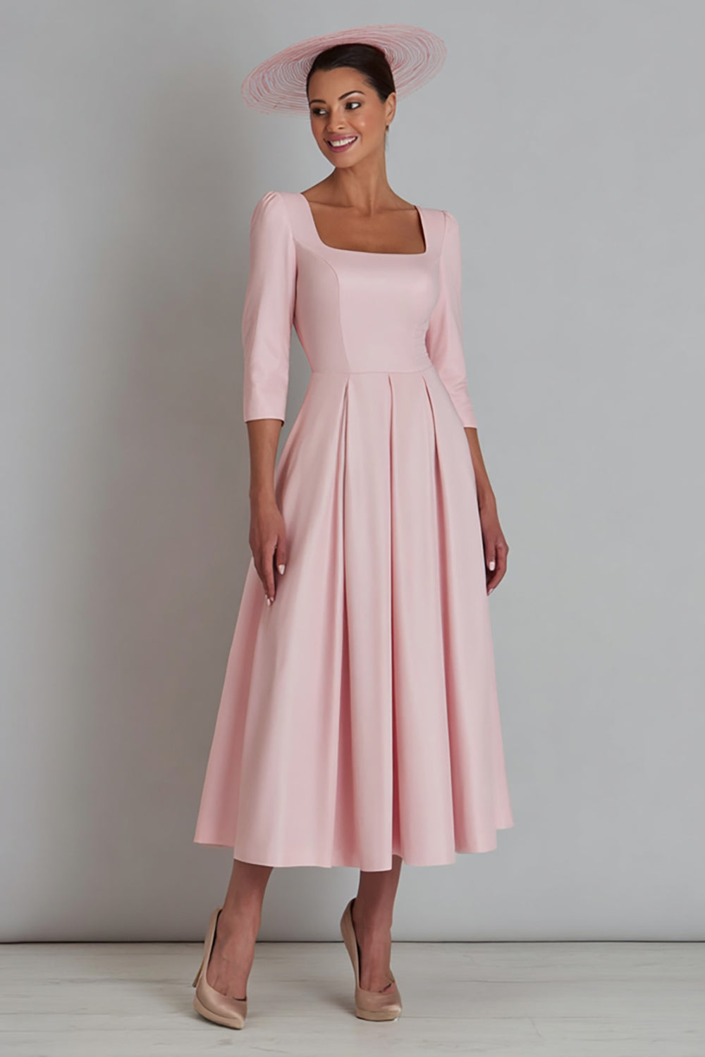 Simple Pink A-Line Square Neck Work Dress