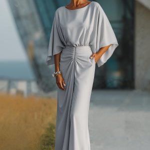 Silver Sheath Boat Neck Maxi Mother Of The Bride Dress