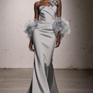 Silver Mermaid Satin Strapless Long Gala Dress