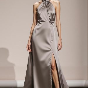 Silver A-Line Halter Evening Dress With Slit
