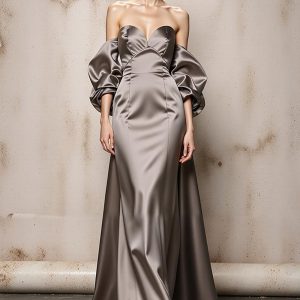 Silver Off The Shoulder Satin Maxi Evening Dress