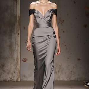 Silver Off The Shoulder Mermaid Satin Maxi Evening Dress