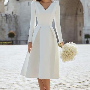 Simple A-Line Ivory Satin V-Neck Bridal Shower Dress