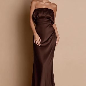 Simple Coffee Strapless Sheath Maxi Evening Dress