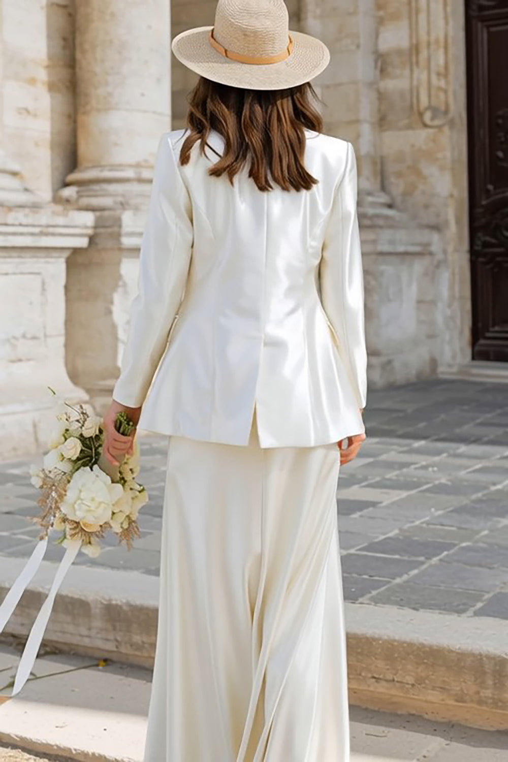 Simple Ivory Satin 2 Piece Sheath Rehearsal Dinner Dress With Jacket - Image 2
