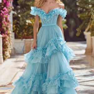 Sky Blue Off The Shoulder Ruffle A-Line Maxi Prom Dress