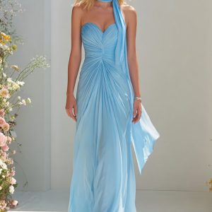 Sky Blue Ruched Sweetheart A-Line Maxi Prom Dress With Streamer