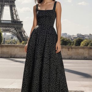 A-Line Black White Dot Square Neck Maxi Dress