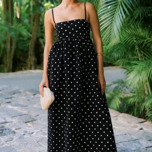 Simple A-Line Spaghetti Straps Black White Polka Dot Dress