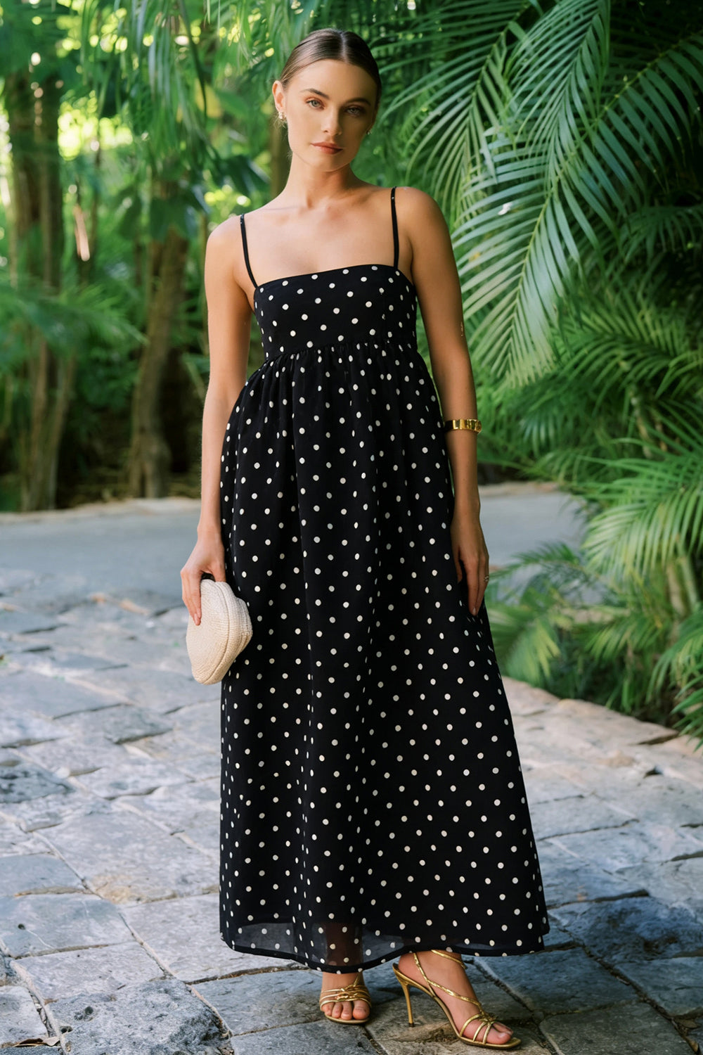 Simple A-Line Spaghetti Straps Black White Polka Dot Dress