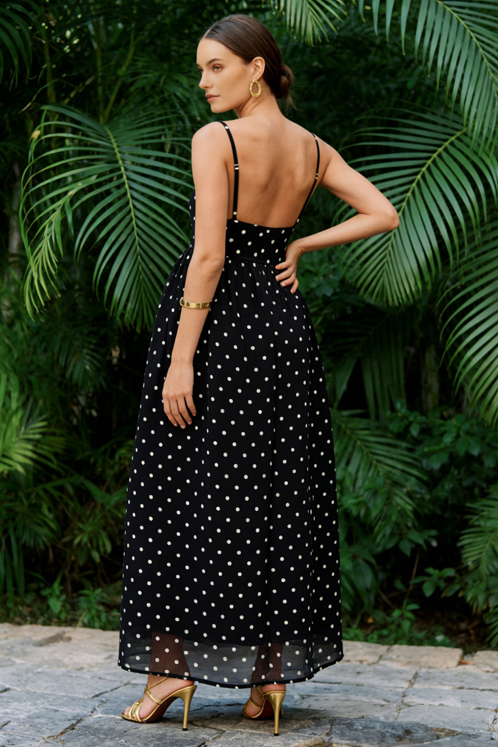 Simple A-Line Spaghetti Straps Black White Polka Dot Dress - Image 2