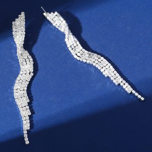Silver Rhinestone Curved Drop Earrings