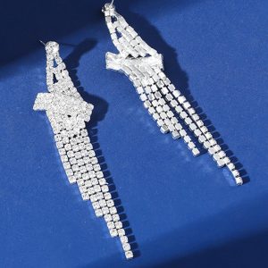 Silver Rhinestone Tassel Drop Earrings