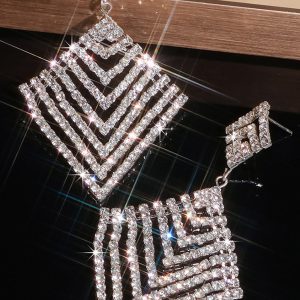 Silver Sqrare Shaped Rhinestone Drop Earrings