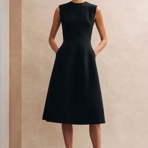 Simple Black A Line Round Neck Midi Work Dress