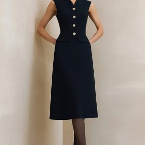 Simple Black A Line Single Breasted Midi Work Dress