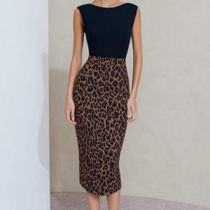 Simple Black and Brown Leopard Bodycon Midi Work Dress