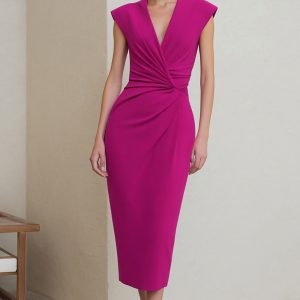 Simple Bodycon Midi Fuchsia Ruched Work Dress