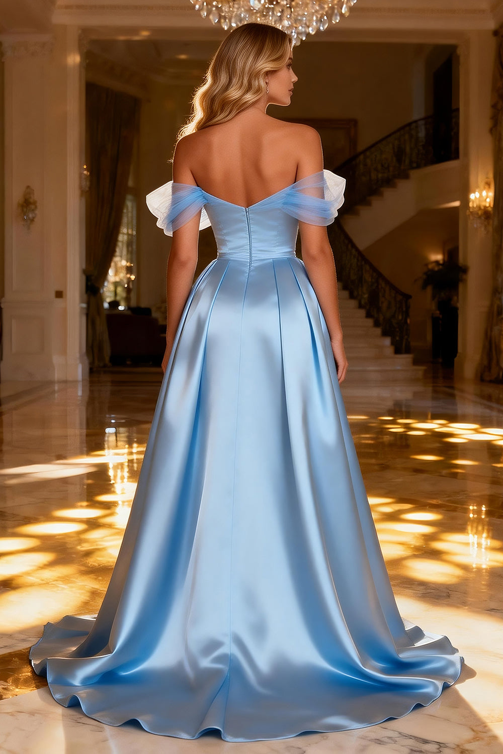 Sky Blue Off The Shoulder A-Line Satin Prom Dress With Slit - Image 2