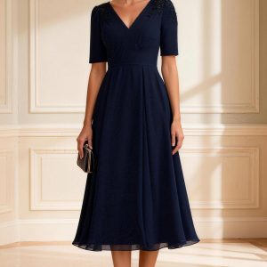 Simple Navy A Line V Neck Mother of the Bride Dress