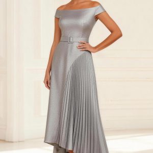 Silver Off the Shoulder Pleated Mother of the Bride Dress with Belt
