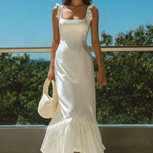 Simple Square Neck A Line Midi White Dress with Ruffles