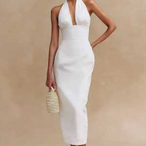 Simple Halter Bodycon Satin Midi White Dress
