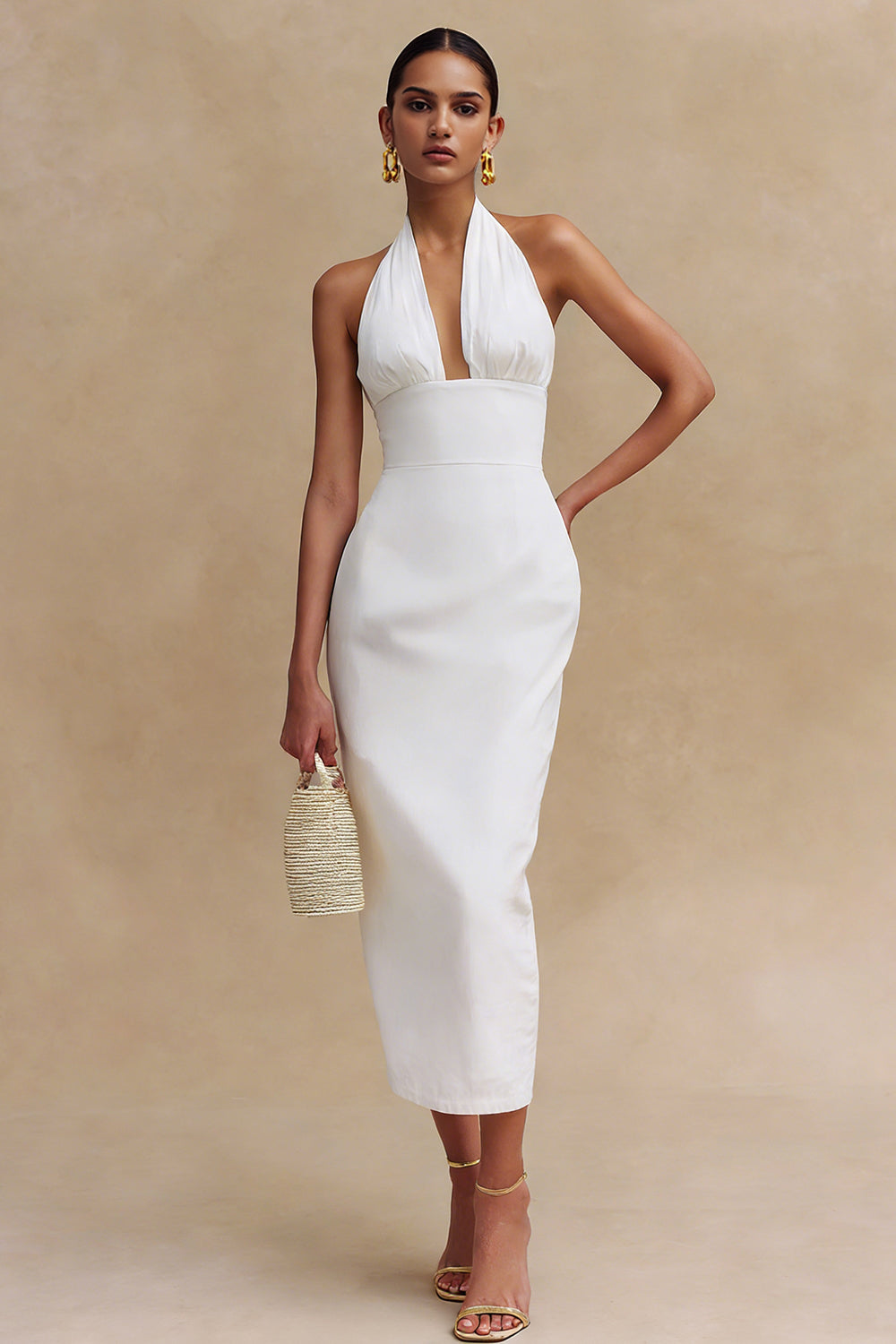 Simple Halter Bodycon Satin Midi White Dress