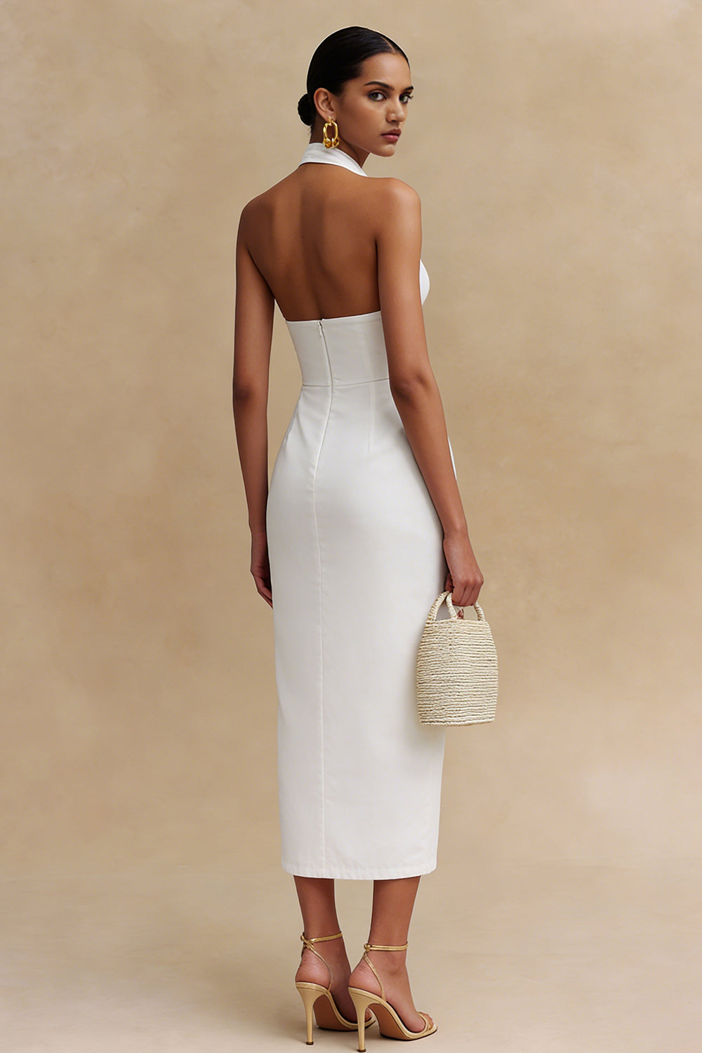 Simple Halter Bodycon Satin Midi White Dress - Image 2