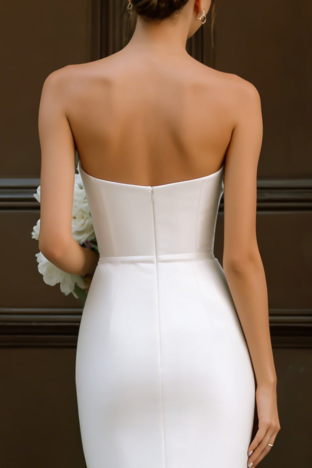 Simple Strapless Bodycon White Midi Engagement Dress - Image 4
