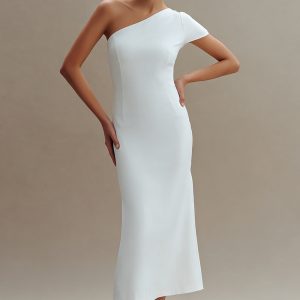Simple One Shoulder Midi White Dress