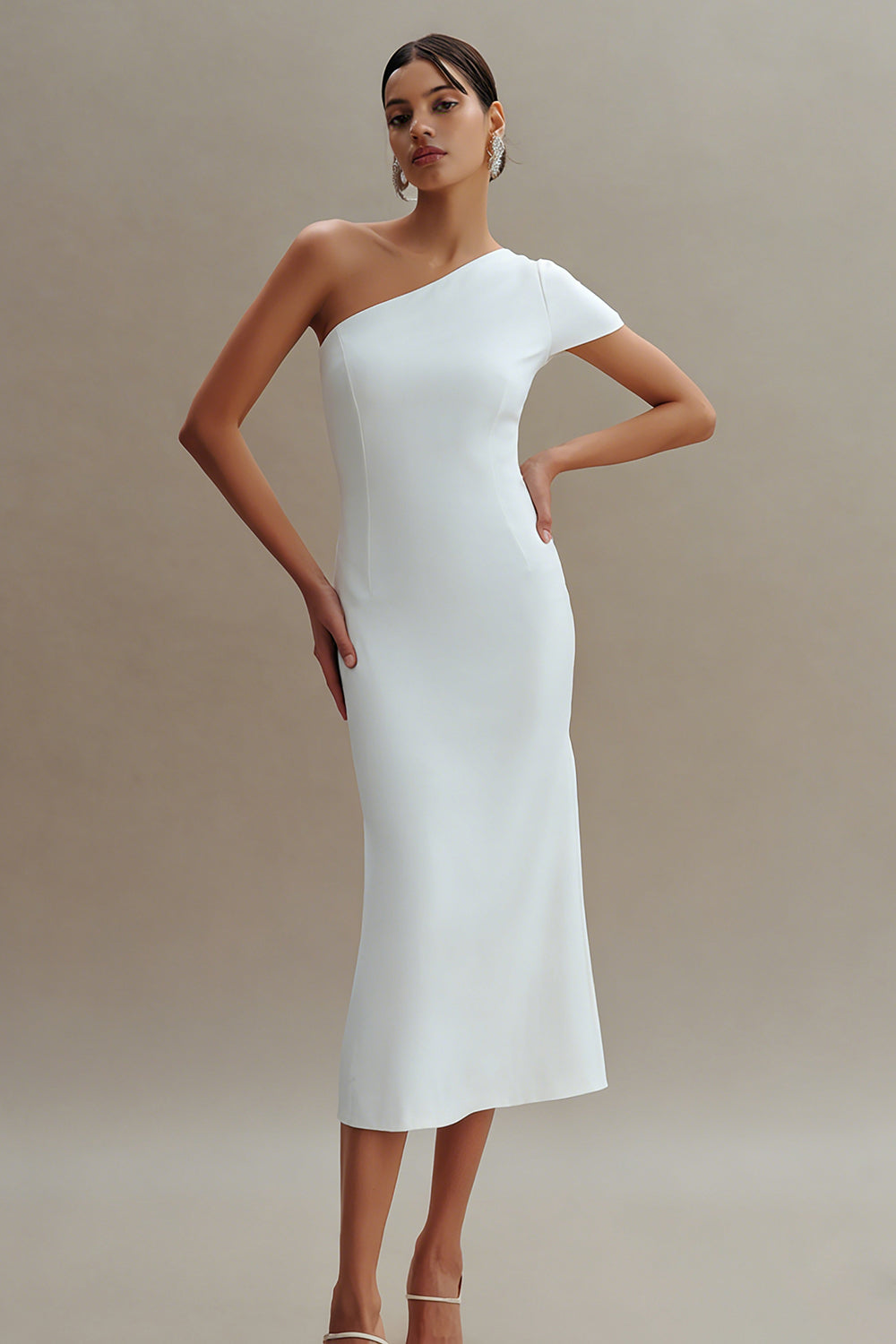 Simple One Shoulder Midi White Dress