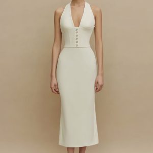 Simple Halter Corset Midi White Dress
