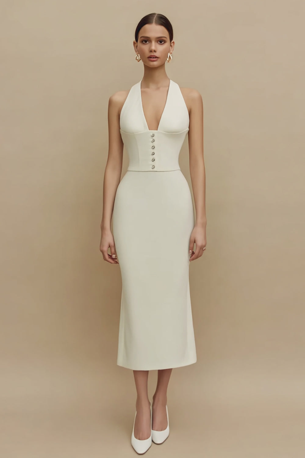 Simple Halter Corset Midi White Dress