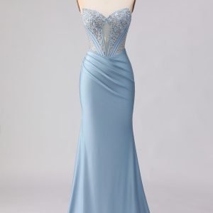 Sky Blue Corset Strapless Mermaid Maxi Prom Dress
