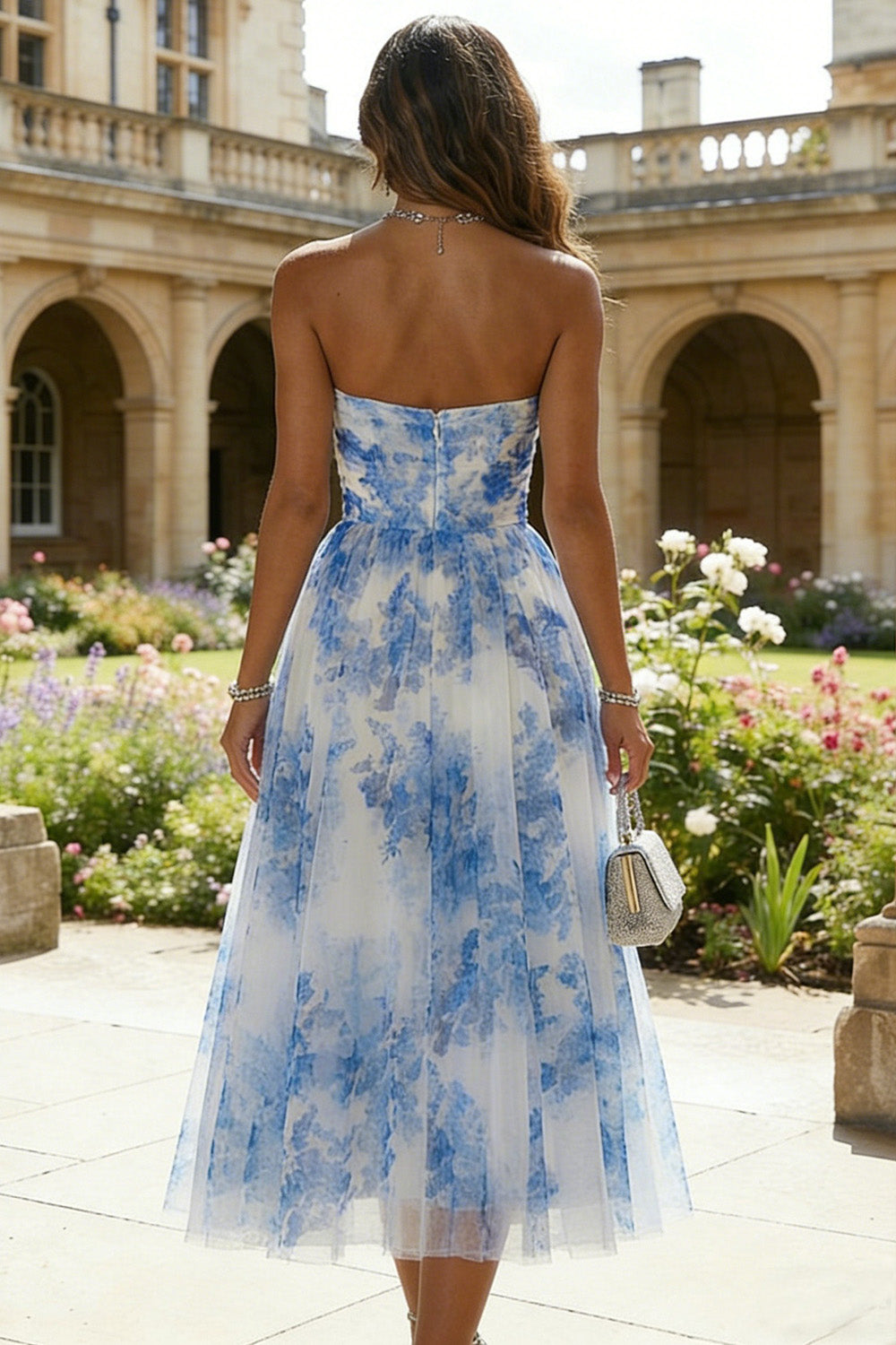 Strapless White Blue Floral A Line Midi Wedding Guest Dress - Image 2