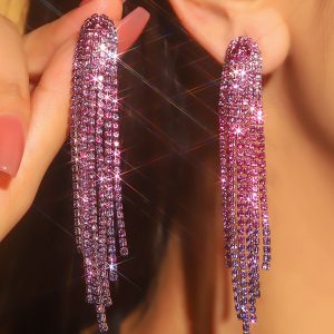 Shiny Rhinestone Long Tassel Earrings