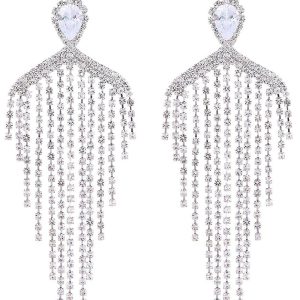 Silver Zircon Tassel Rhinestones Earrings