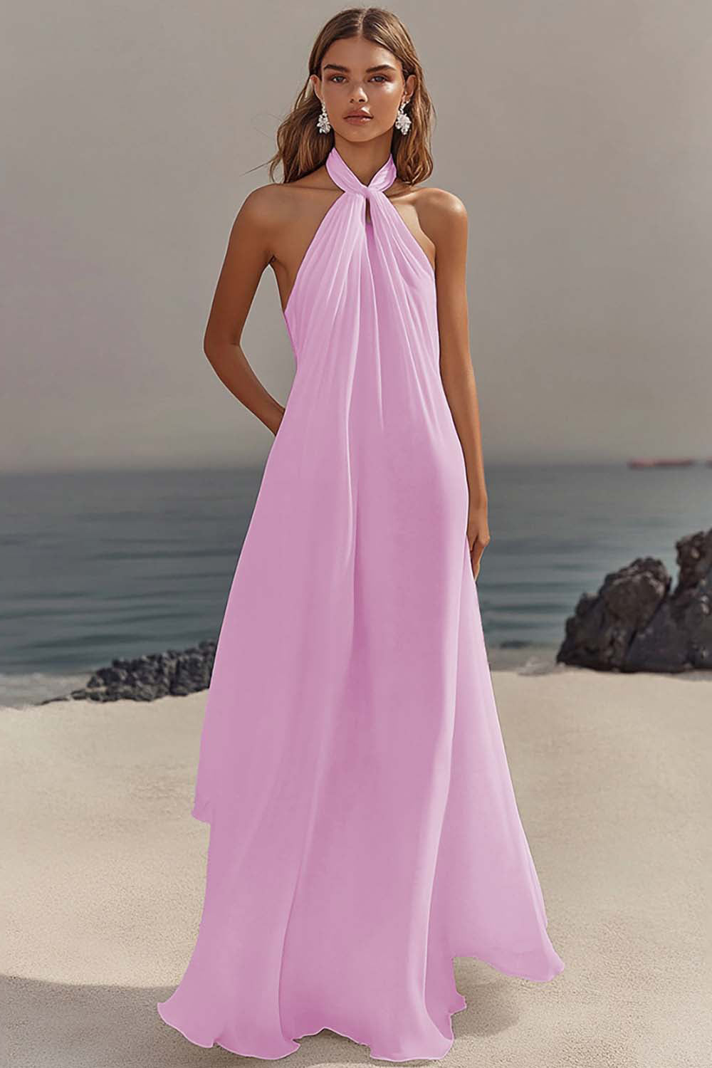 Simple White Halter A Line Chiffon Engagement Dress - Image 12