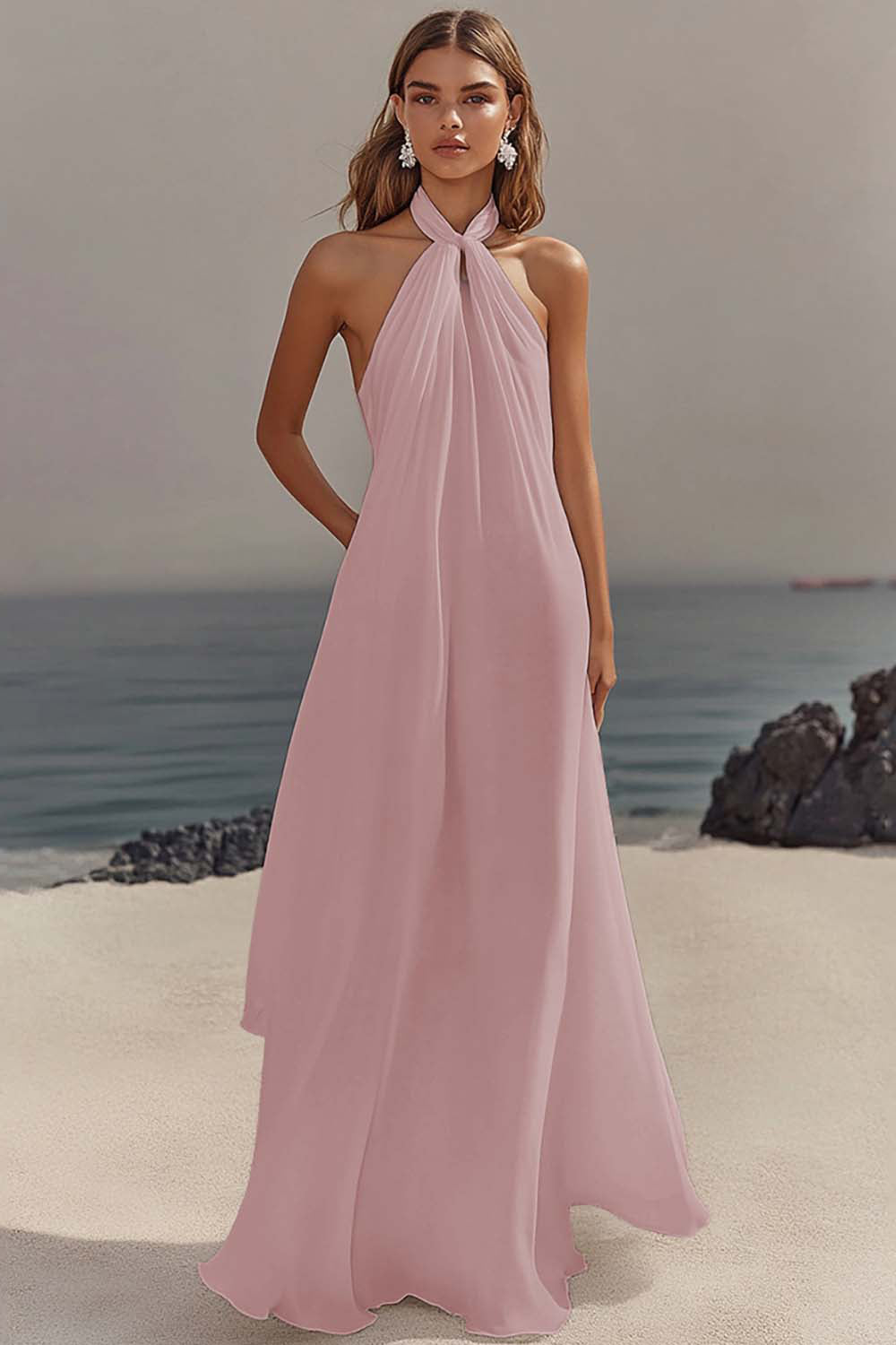 Simple White Halter A Line Chiffon Engagement Dress - Image 8
