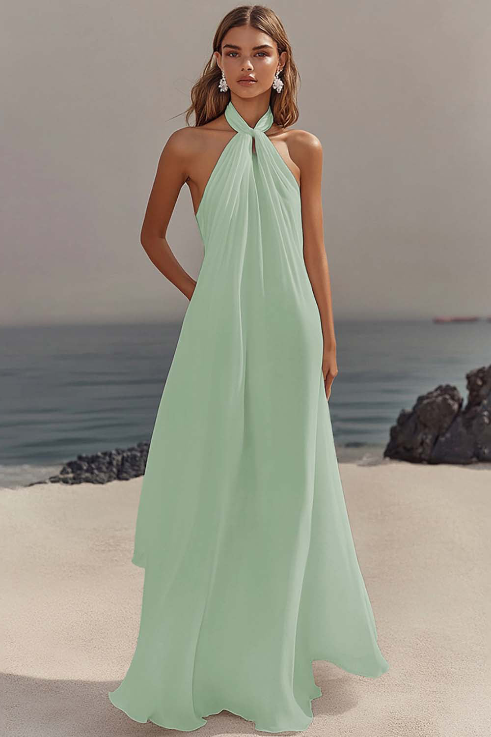 Simple White Halter A Line Chiffon Engagement Dress - Image 9