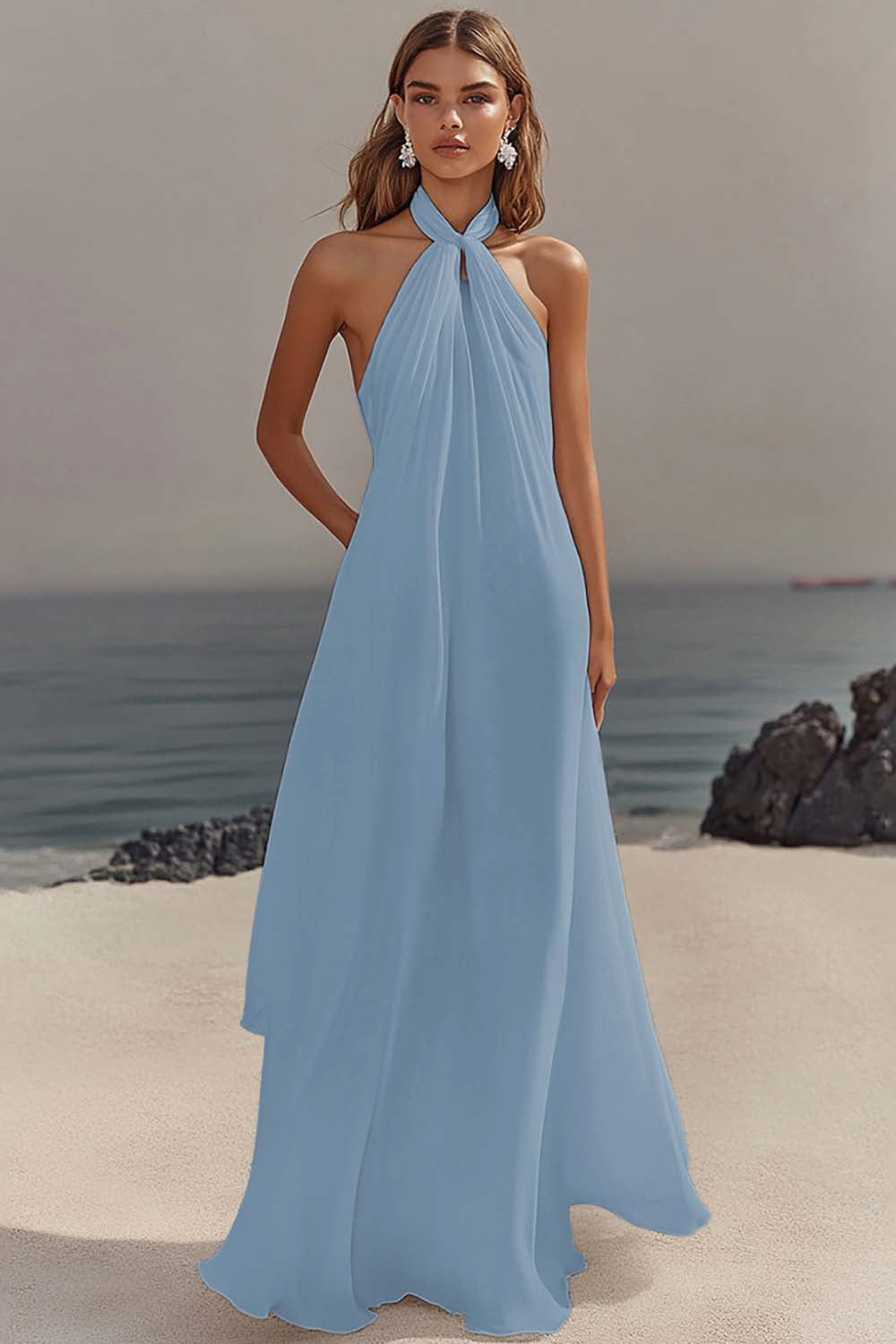 Simple White Halter A Line Chiffon Engagement Dress - Image 10