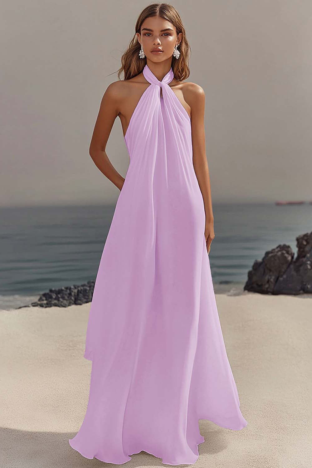 Simple White Halter A Line Chiffon Engagement Dress - Image 11