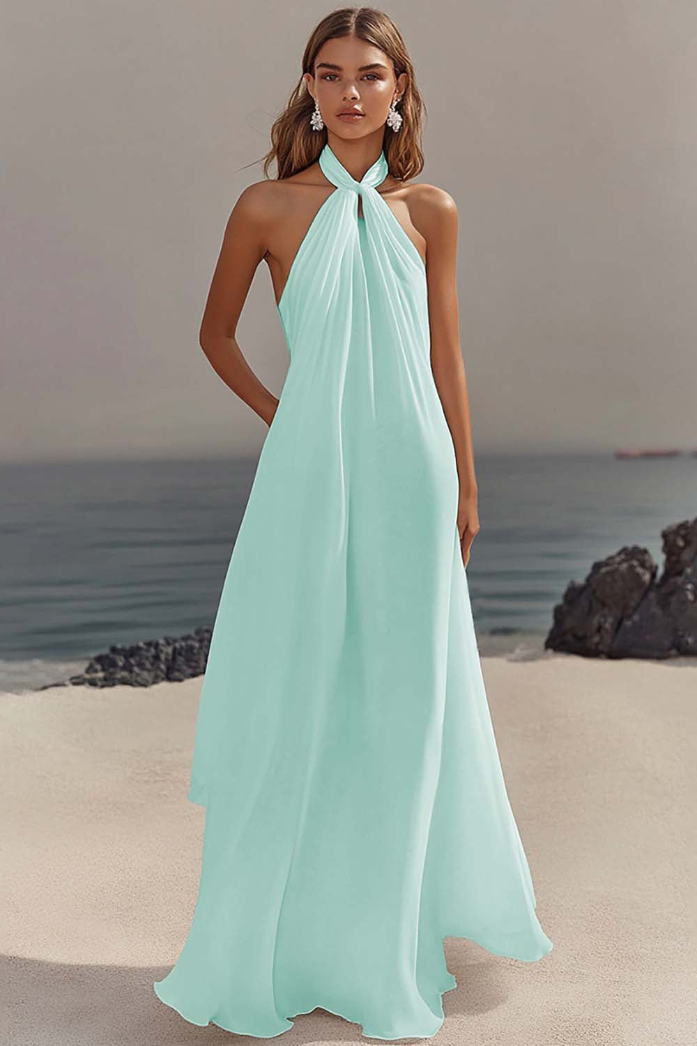 Simple White Halter A Line Chiffon Engagement Dress - Image 14